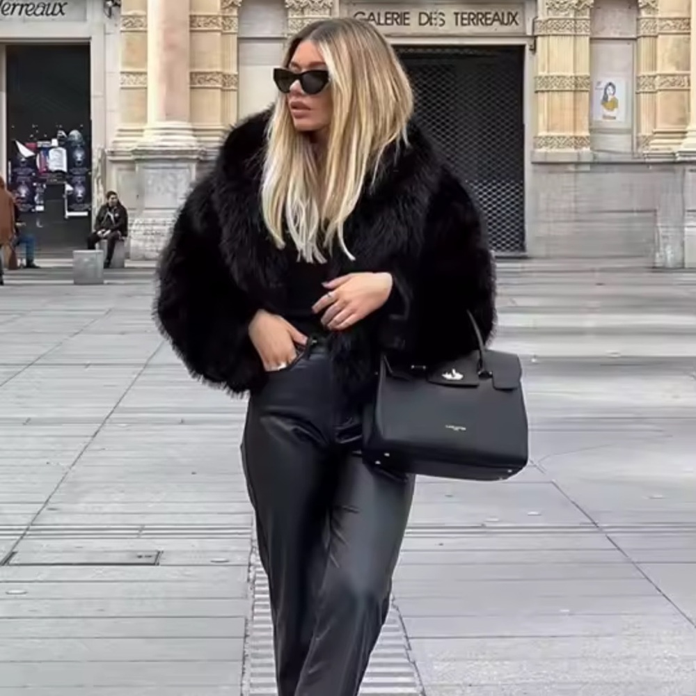 LAST 4❤️ Glam faux fur coat vintage style jacket cropped oversized black - Picture 6 of 13